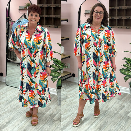 Umgee Cream Mix Tropical Print Dress